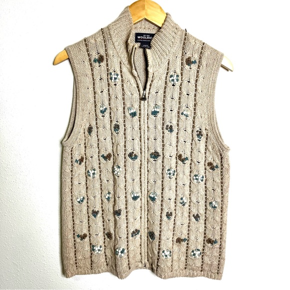 Woolrich Sweaters - Woolrich Beige Blue Patterned Zip-Up Sweater Vest felted wool flowers sz L